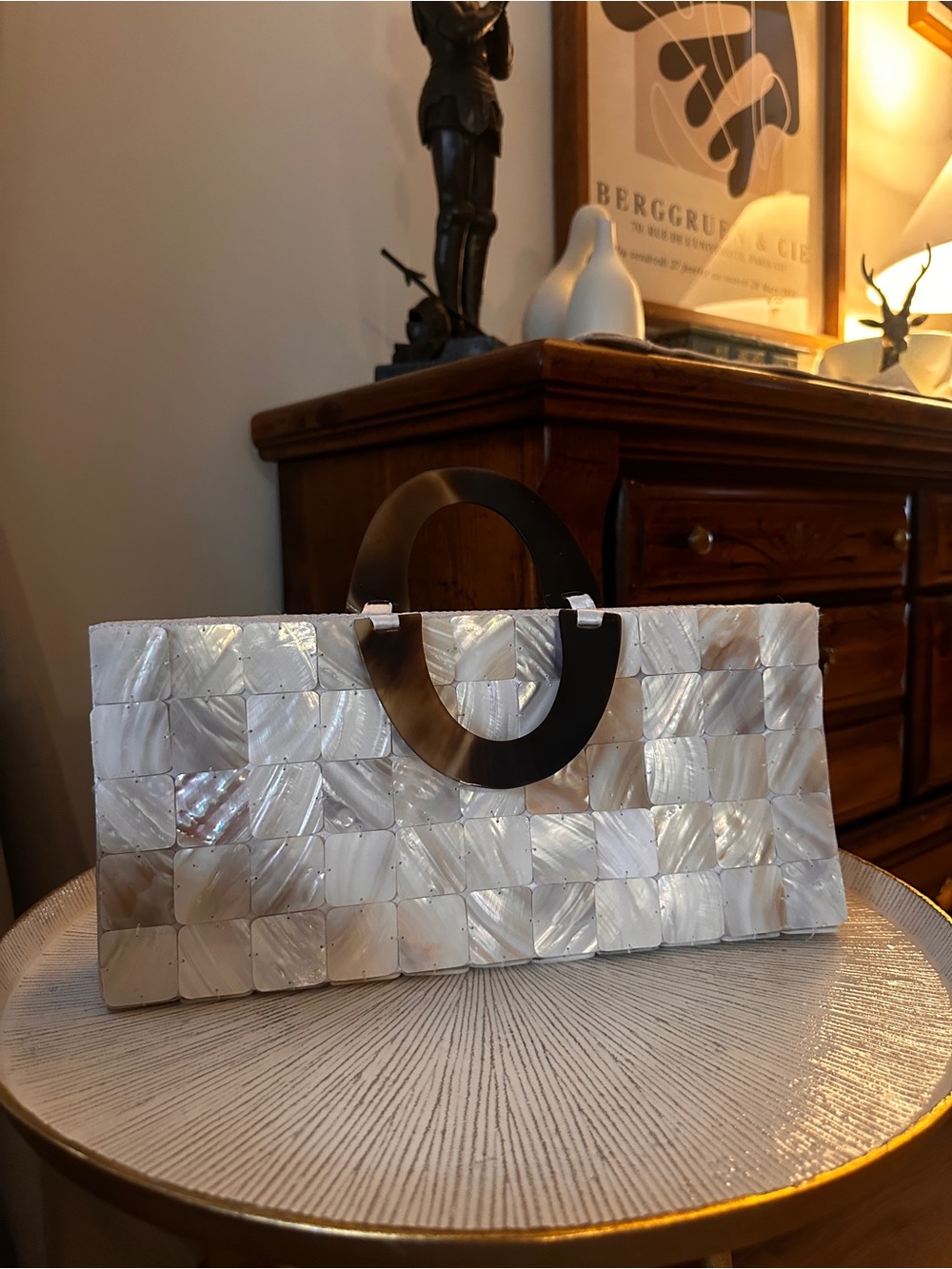 Mother-of-Pearl Mosaic Clutch with Dark Handle